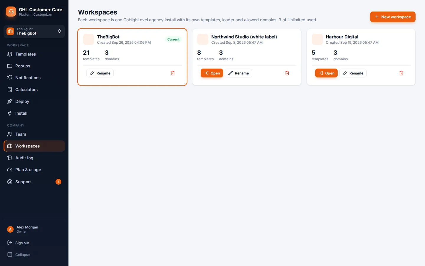 Workspaces page showing separate GoHighLevel agency installs, each with its own templates and domains