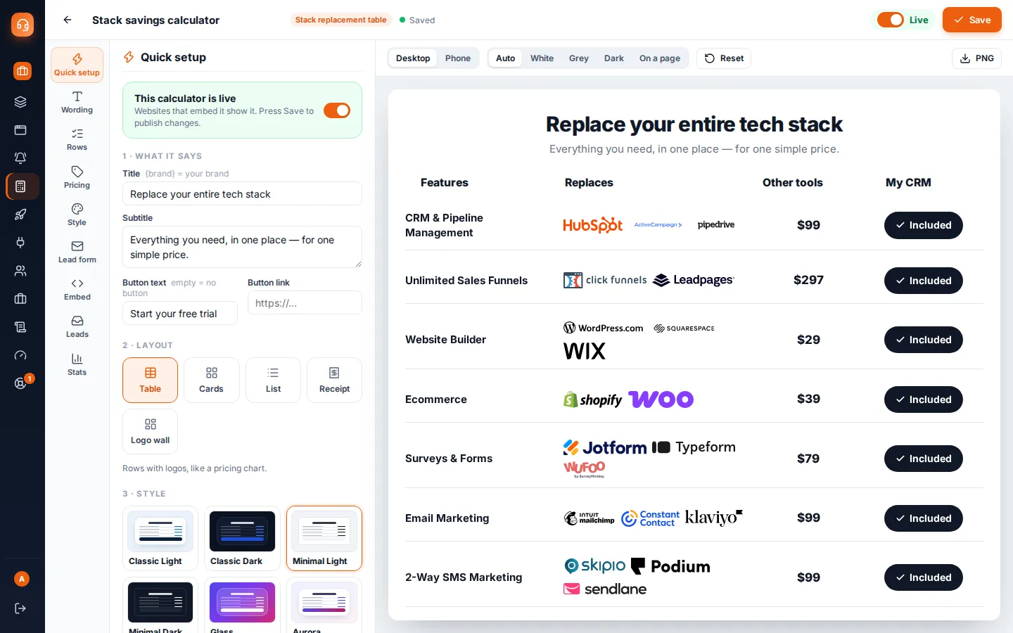 Calculator editor with wording, layout and style options next to a stack replacement pricing table