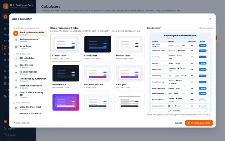 Add a calculator dialog with savings, ROI and add-on value calculator types and a live stack replacement preview