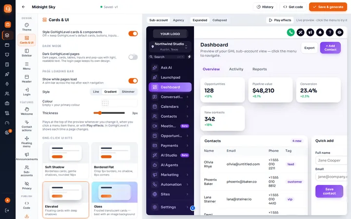 Cards and UI settings with dark mode, page loading bar and one-click UI kits next to a live preview