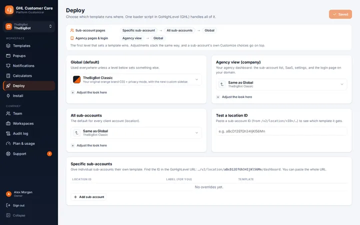 Deploy page choosing which template runs globally, in the agency view and in specific sub-accounts