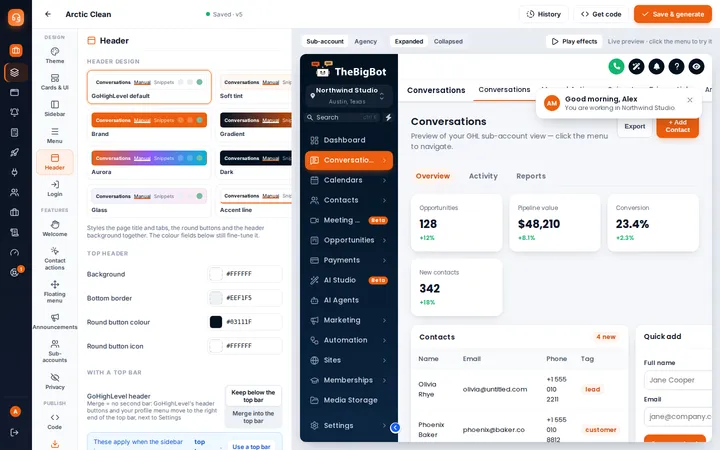 Header design picker with styles such as Brand, Gradient, Glass and Accent line, plus colour controls