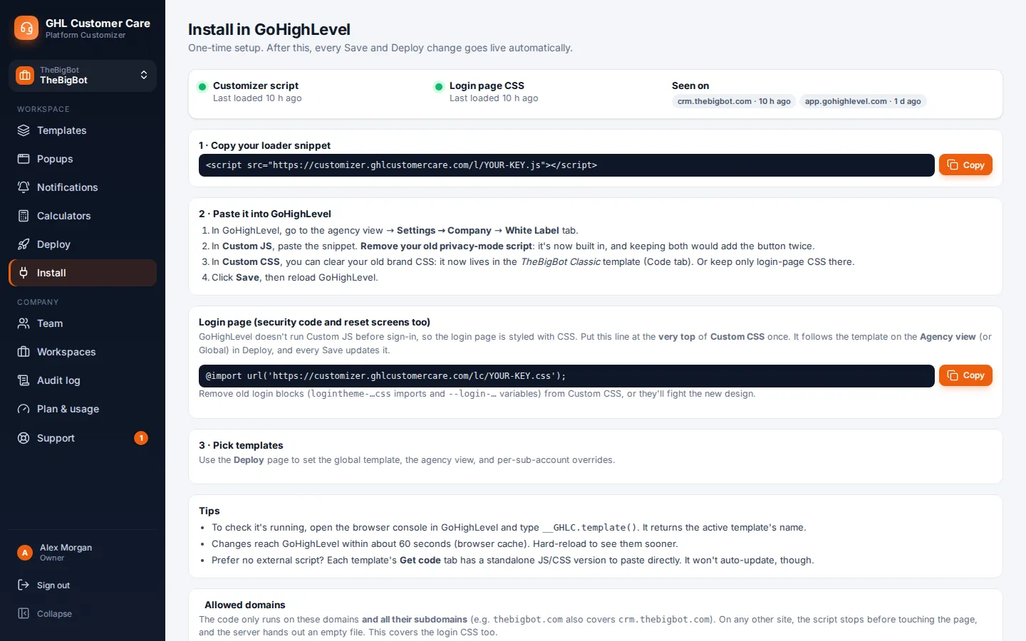 Install page showing the one-line loader snippet, login page CSS import and setup steps for GoHighLevel