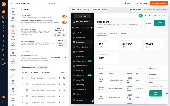Menu builder with custom menu toggles, hover sub-menus, mega menu option and draggable menu items