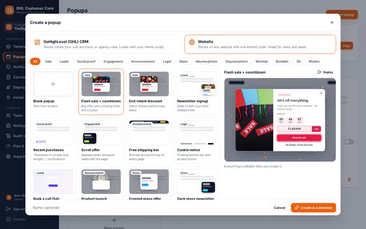 Create a popup dialog with a gallery of website popup templates and a live flash sale countdown preview