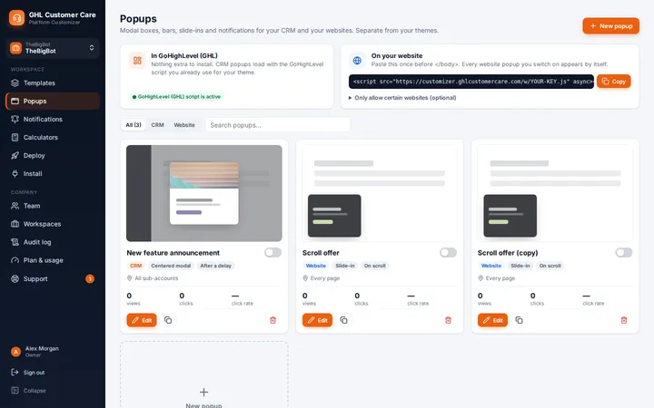 Popups dashboard with CRM and website popups, their triggers, targeting and view statistics
