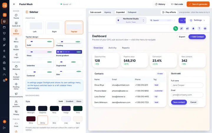 Sidebar settings with left, right or top bar layouts, top bar designs and background presets