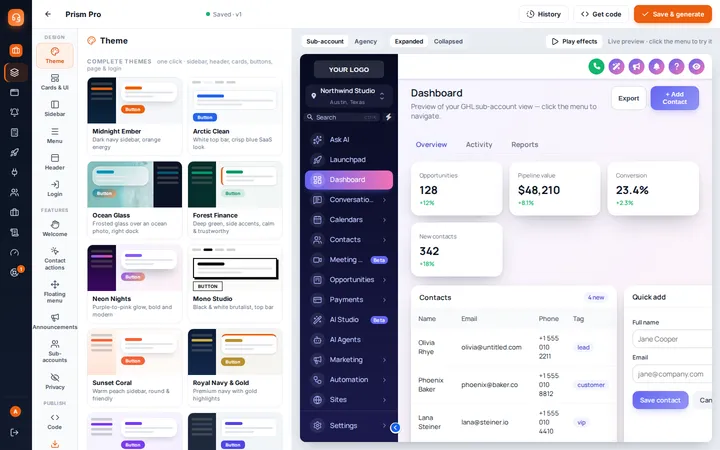Template editor Theme tab with one-click complete themes beside a live GoHighLevel dashboard preview