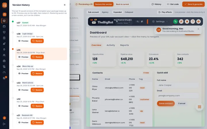 Version history panel listing saved template versions with preview and restore buttons
