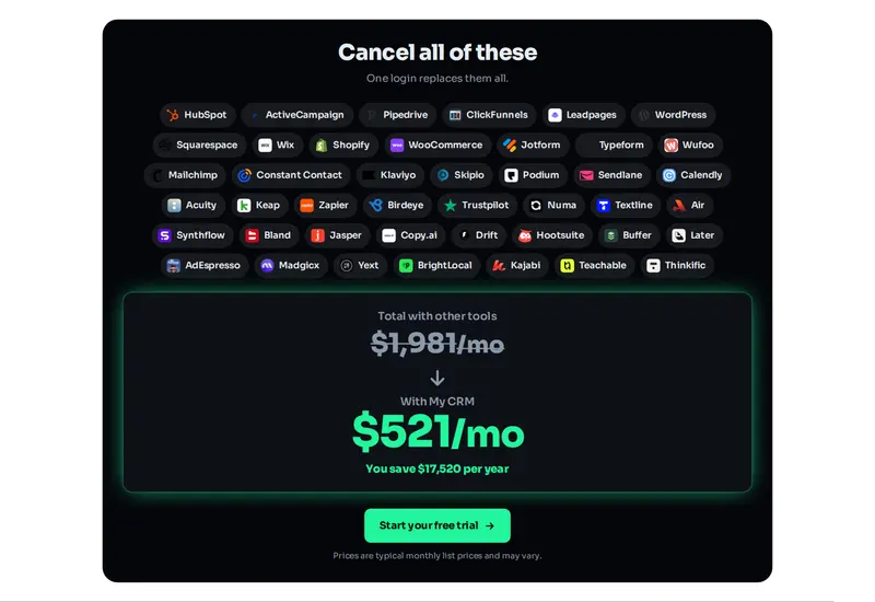 A neon logo wall showing every tool your platform replaces with one big monthly saving.