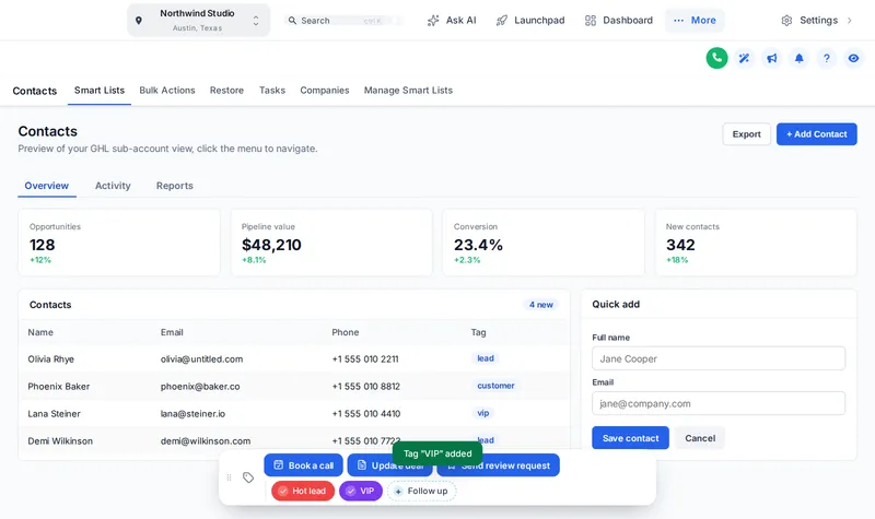 The contact actions bar at the bottom of a GoHighLevel contacts page: Book a call, Update deal and Send review request buttons beside Hot lead, VIP and Follow up quick tags, with a "Tag VIP added" message.