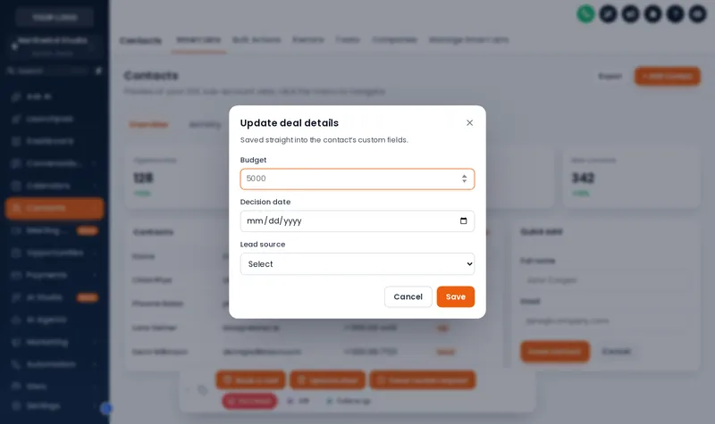 The Update deal details pop-up form opened from a contact action button, with Budget, Decision date and Lead source fields.