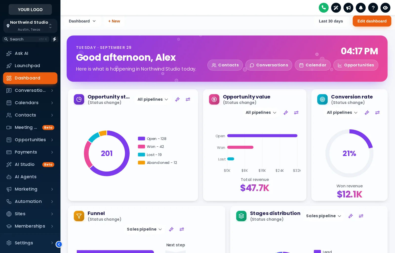The Aurora Glass dashboard design: a purple to pink welcome banner with a live clock and quick links above frosted widget cards on a soft colour mesh.