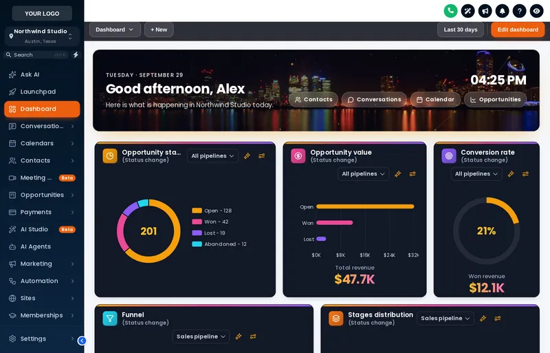 The City Nights dashboard design: a night skyline photo in the welcome banner above midnight cards with orange, pink and violet charts.