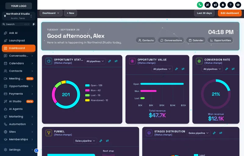 The Cyber Grid dashboard design: dark cards with uppercase titles and cyan and magenta charts.