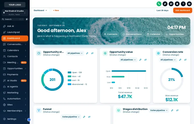 The Lagoon dashboard design: a turquoise water photo in the welcome banner above fresh teal and white cards.