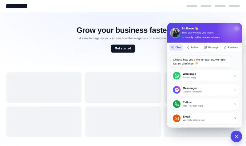 A multi-tab widget with Chat, Follow, Message and Reviews tabs in one launcher.