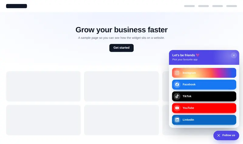 A Follow us card with full-width buttons for Instagram, Facebook, TikTok, YouTube and LinkedIn, opened above a pill launcher.