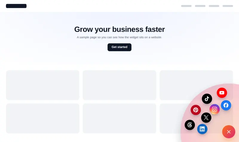 A radial social burst widget: Facebook, Instagram, TikTok, YouTube and more fanned out on a coloured halo above the launcher, on a website.