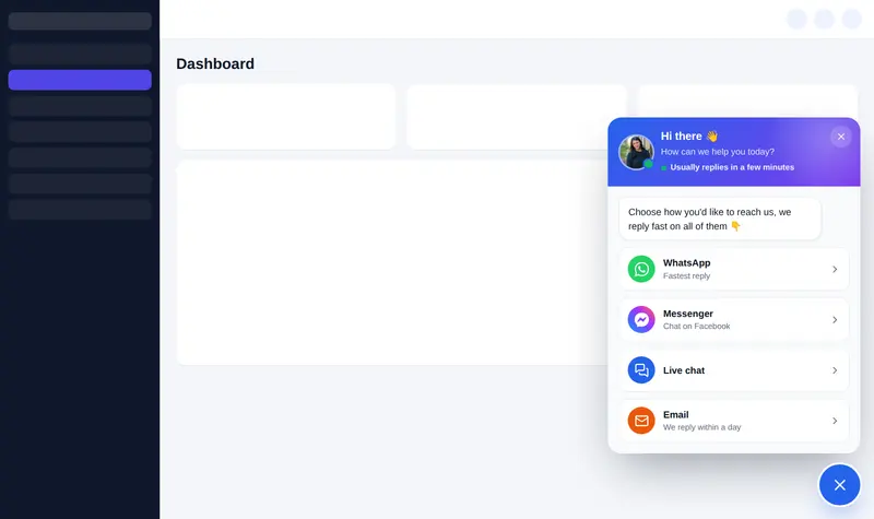 A support agent contact hub opened inside a GoHighLevel dashboard, listing WhatsApp, Messenger, live chat and email.