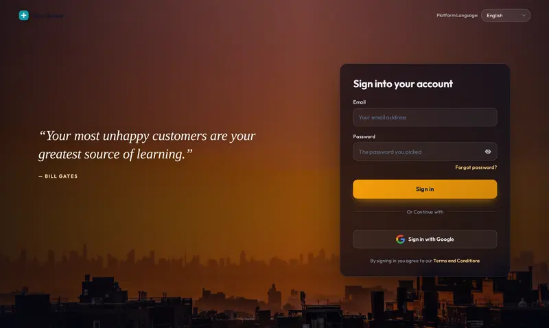 The Cinematic login design: a full-screen city skyline at dusk, a rotating quote and a frosted sign-in card.