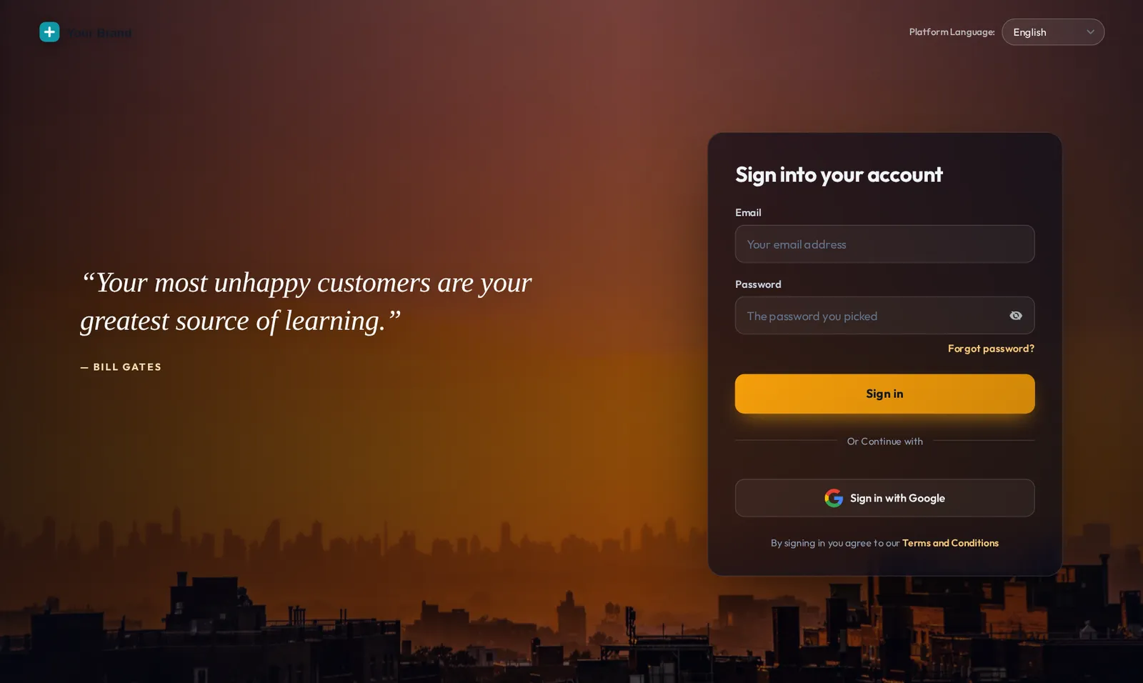 The Cinematic login design: a full-screen city skyline at dusk, a rotating quote and a frosted sign-in card.
