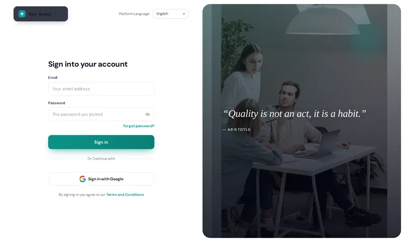 The Editorial login design: the sign-in form on the left and a large photo with a quote on the right.