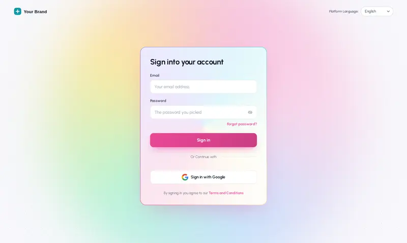 The Holographic login design: a pearl page with an iridescent glow and a shimmering foil border.