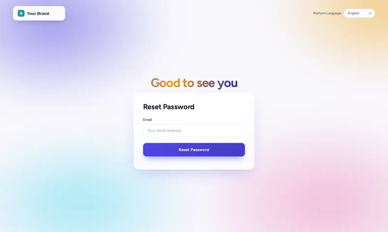 The password reset screen in the Gradient mesh design, with soft colour blobs behind a white glass card.