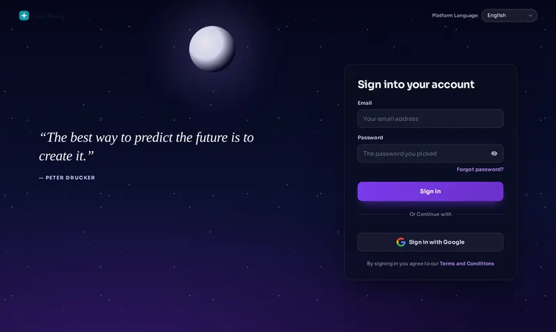 The Midnight stars login design: a twinkling night sky, moon glow and a dark sign-in card.
