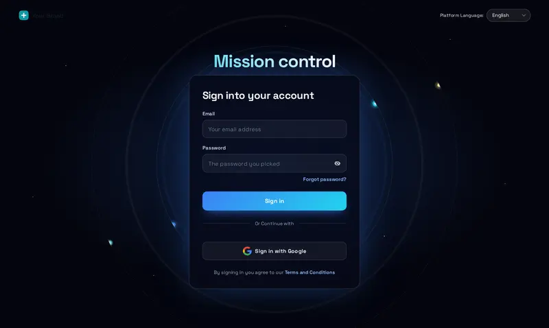 The Orbit login design: deep space rings with planets circling the sign-in card.