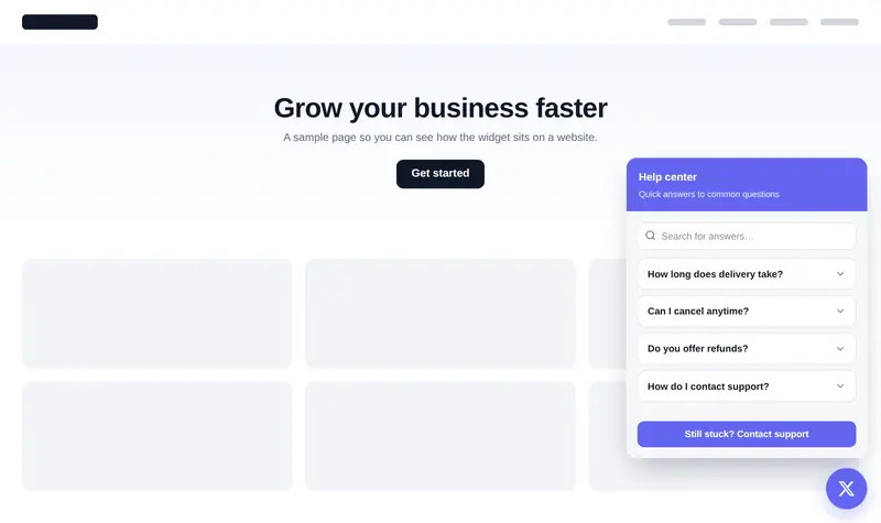 An FAQ help centre widget with searchable questions on a website.