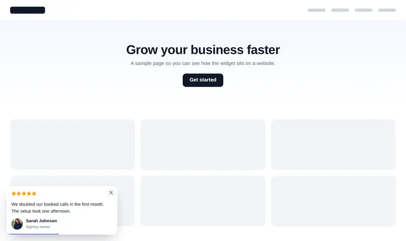A review card notification with five stars and a customer quote in the corner of a website.