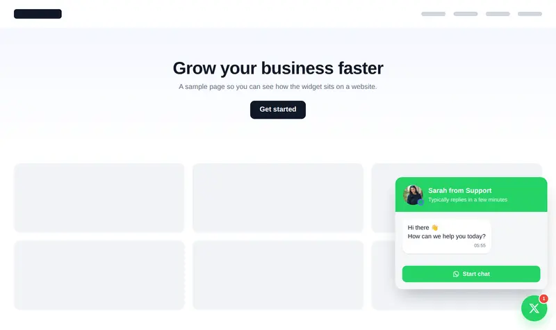 A WhatsApp chat button opened into a chat card on a website.