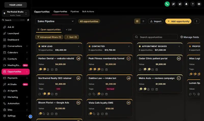 The Obsidian Gold board design: black columns and cards with gold stage headers and borders.