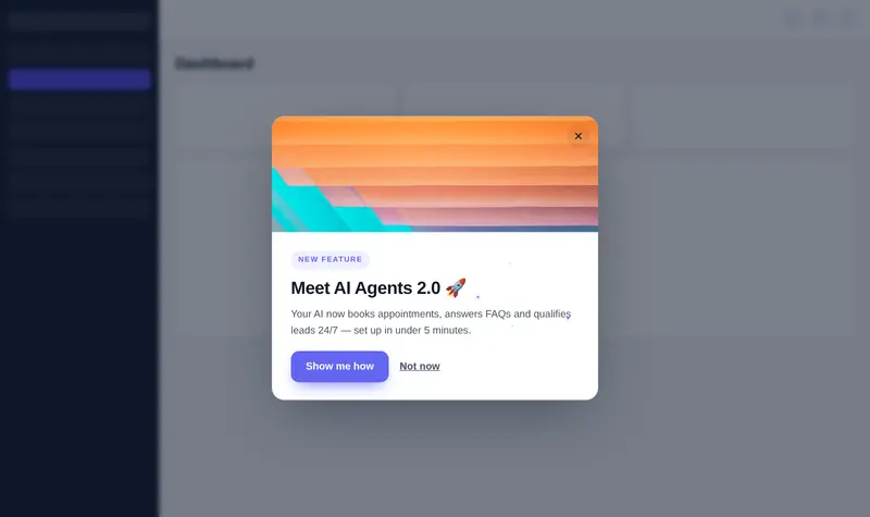 A new feature announcement popup shown inside a GoHighLevel dashboard.