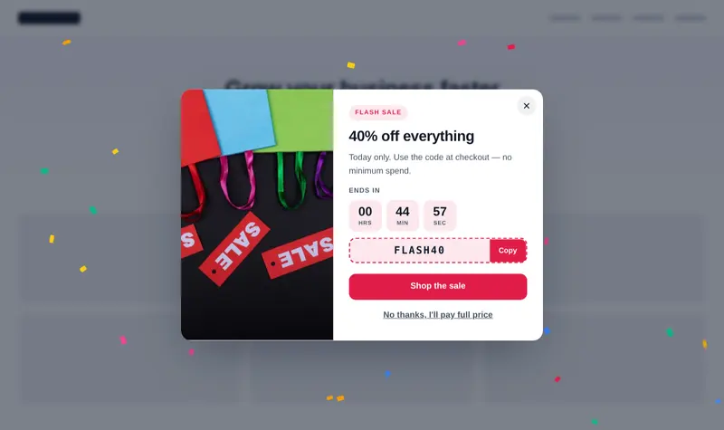 A flash sale popup with a product photo, a live countdown and a copy-to-clipboard discount code.