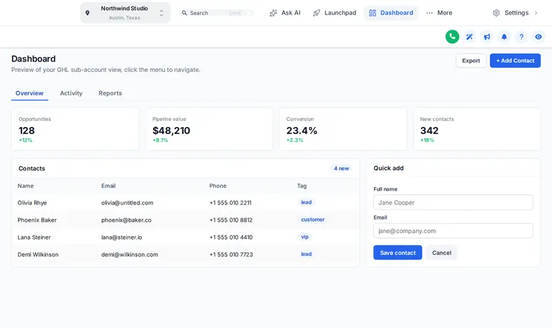 The Arctic Clean theme: a white top bar navigation, crisp blue accents and bordered flat cards on a GoHighLevel dashboard.