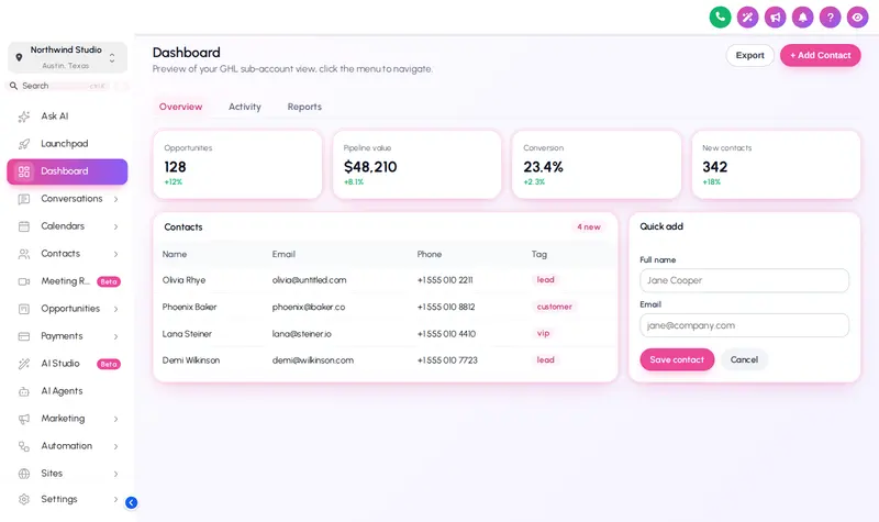 The Holo Pearl theme: a pearl white sidebar with iridescent pink and violet accents on a GoHighLevel dashboard.