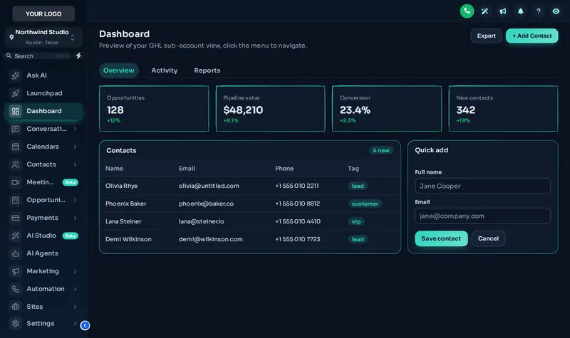 The Midnight Mint dark mode theme: deep navy pages with mint green accents on a GoHighLevel dashboard.