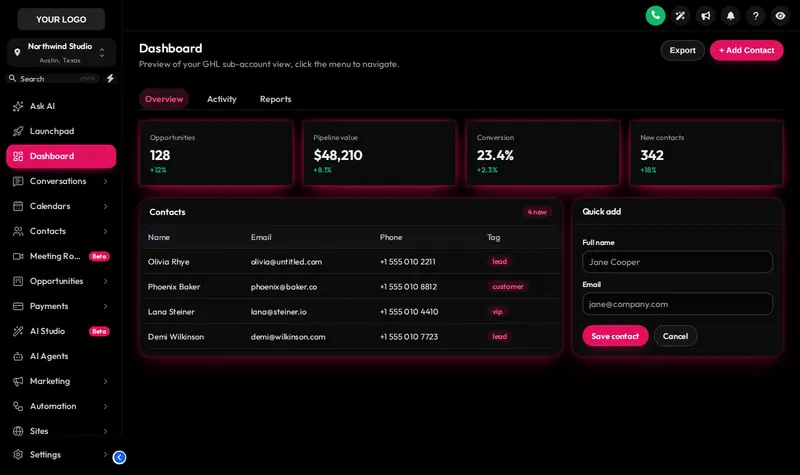 The Obsidian OLED dark mode theme: true black pages, a raspberry pink accent and glowing cards on a GoHighLevel dashboard.