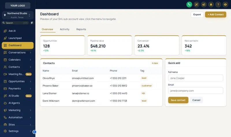 The Royal Navy and Gold theme: a navy sidebar with gold highlights on a GoHighLevel dashboard.